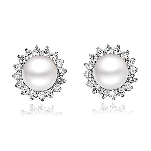 "Sunshine" 8 9mm Natural Freshwater Pearl with AAA Swarovski Zirconia 925 Sterling Silver Stud Earrings