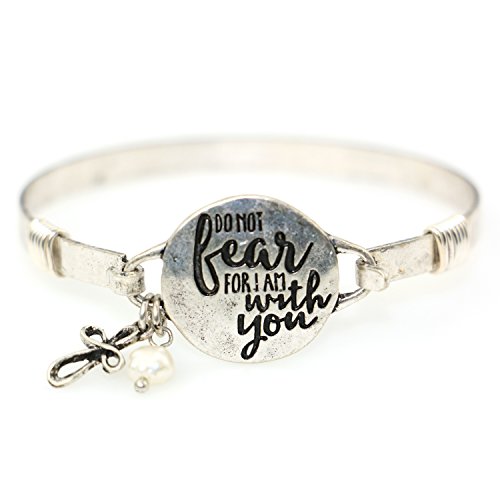 "Do Not Fear For I am With You" Beautiful Christian Bangle Bracelet with Wire Design and Cross Charm and Bead