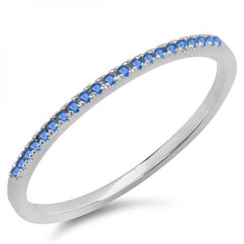 0.08 Carat (ctw) 10K White Gold Round Blue Sapphire Ladies Dainty Anniversary Wedding Stackable Ring