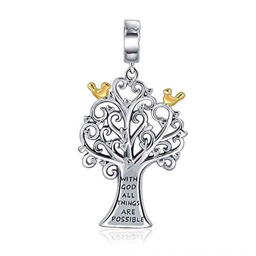 "With God All Things Are Possible" Family Tree Pendant 925 Sterling Silver Charms for Bracelets Necklace