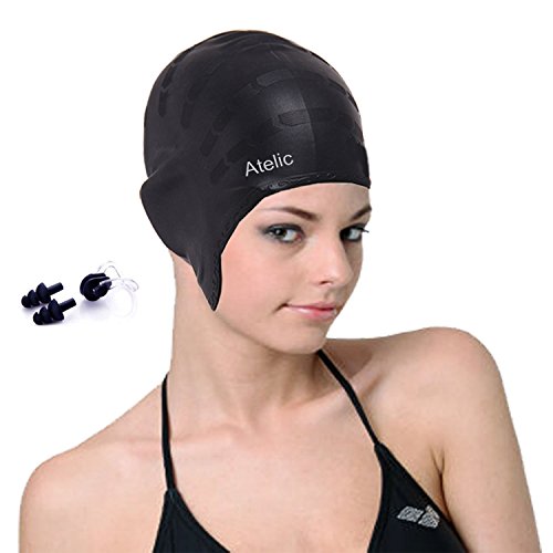 #1 TOP RATED SWIM CAP Atelic® Swim Cap Equipment Silicone Solid Swim Caps with free Nose Clip and Ear Plugs for Adult Women Men Youth