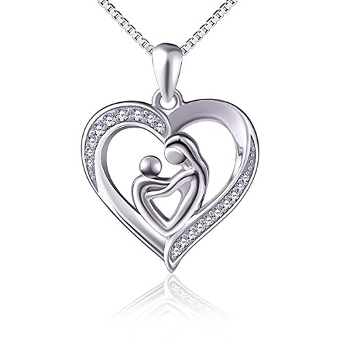 (Mother Holding Child) Sterling Silver Mothers Love Heart CZ Pendant Women Necklace 18"