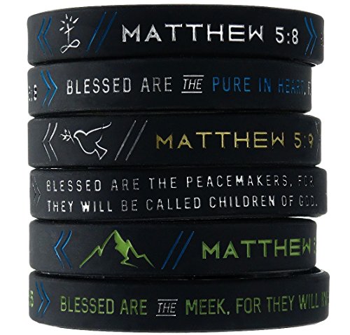 (6 pack) "The Beatitudes" Bible Wristbands w/ Christian Symbols Matthew 5:5, Matthew 5:8, & Matthew 5:9