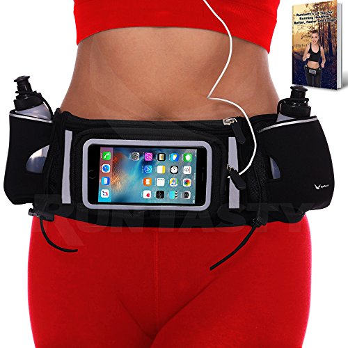 [Voted #1 Hydration Belt] Running Fuel Belt by Runtasty; Includes accessories 2 BPA Free Water Bottles & Runners Ebook; Fits ANY iPhone; w/Touchscreen cover; "No Bounce" Fit; 100% Guarantee!