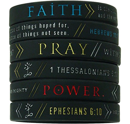 (6 pack) "Faith, Power, & Pray" Bible Wristbands Hebrews 11:1, Ephesians 6:10, & 1 Thessalonians 5:17