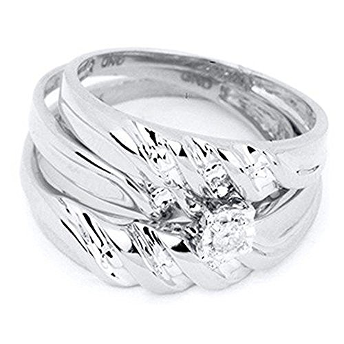 0.07 Carat (ctw) 10K White Gold Round Cut White Diamond Men & Women's Engagement Ring Trio Set